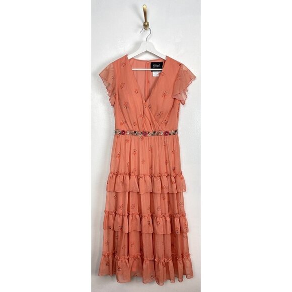 MAC DUGGAL Tiered Ruffle Chiffon Midi Dress in Apricot Size US 6 - Picture 3 of 8